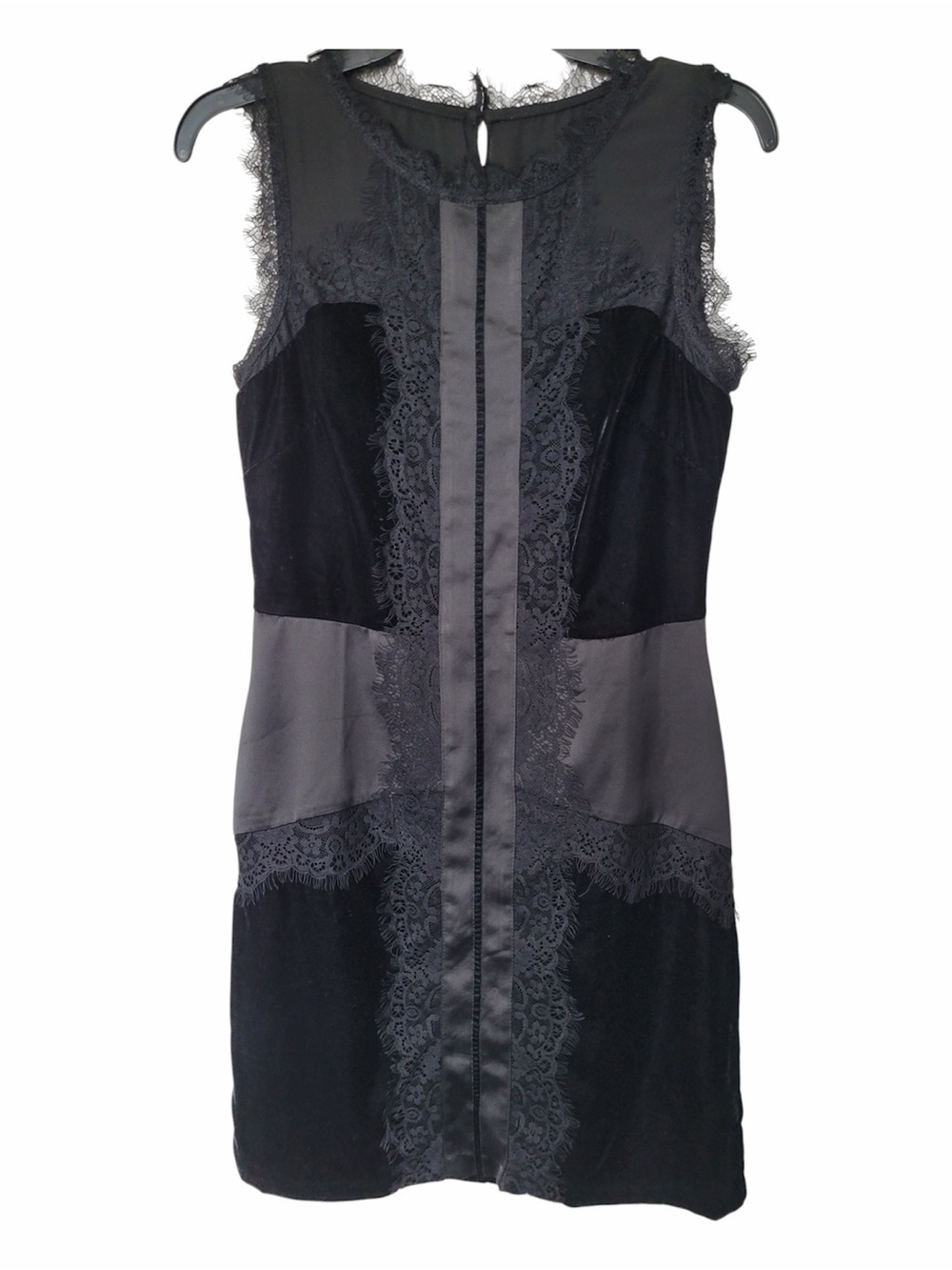 ✅ White House Black Market Black Lace-Trim  Satin Velvet mix Sheath Dress size 2